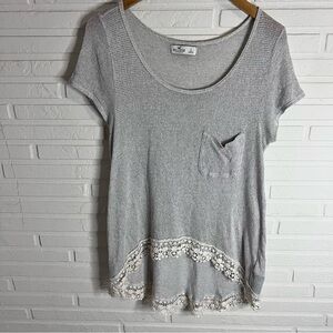 Hollister Gray High Low Cream Crochet Hem Short Sleeve Sweater, Women’s Large